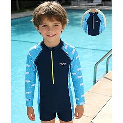 Pine Kids Raglan Full Sleeves Animal Printed Legged Swimsuit - Navy Blue