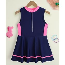 Pine Kids Sleeveless Solid Frock Swimsuit - Navy Blue