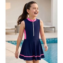 Pine Kids Sleeveless Solid Frock Swimsuit - Navy Blue