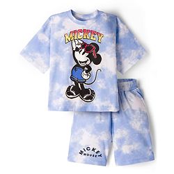 Pine Kids Disney Single Jersey Knit Drop Shoulder Half Sleeves  Tie & Dye T-Shirt & Shorts Set with Mickey Mouse Graphic - Blue