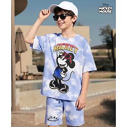 Pine Kids Disney Single Jersey Knit Drop Shoulder Half Sleeves  Tie & Dye T-Shirt & Shorts Set with Mickey Mouse Graphic - Blue