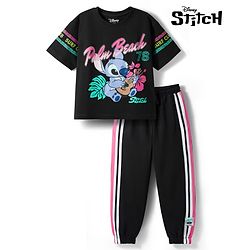 PINE KIDS DISNEY 100% Cotton Knit Half Sleeves T-Shirt & Pant Set With Stitch Graphics - Black