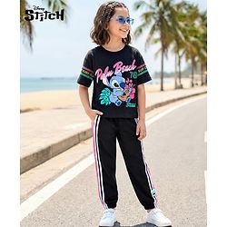 PINE KIDS DISNEY 100% Cotton Knit Half Sleeves T-Shirt & Pant Set With Stitch Graphics - Black