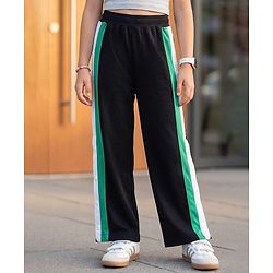 Pine Kids Knit Full Length Solid Track Pant with Tape & Button Detailing- Black