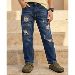 Pine Kids Woven Full Length Distressed Denim Jeans - Dark Blue