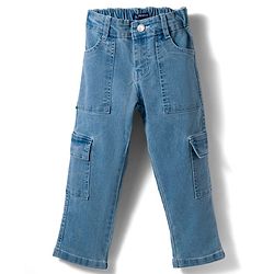 Pine Kids Denim Woven Full Length Solid Jeans With Cargo Pockets - Blue