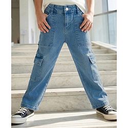 Pine Kids Denim Woven Full Length Solid Jeans With Cargo Pockets - Blue