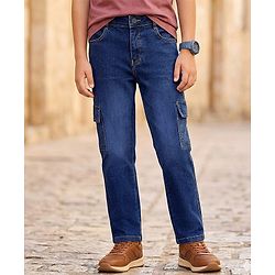 Pine Kids Denim Woven Full Length Washed Jeans With Cargo Pockets - Blue