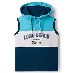 Pine Kids Cotton Knit Sleeveless Cut & Sew Hooded T-Shirt with Long Beach Print - Multicolor