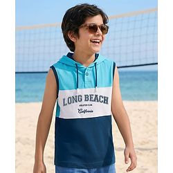 Pine Kids Cotton Knit Sleeveless Cut & Sew Hooded T-Shirt with Long Beach Print - Multicolor