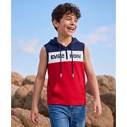 Pine Kids Cotton Knit Sleeveless Cut & Sew Hooded T-Shirt with Text Print - Red, Navy & White