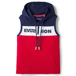 Pine Kids Cotton Knit Sleeveless Cut & Sew Hooded T-Shirt with Text Print - Red, Navy & White