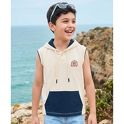 Pine Kids Cotton Knit Sleeveless Hooded T-Shirt Beach Theme Print - Multicolor
