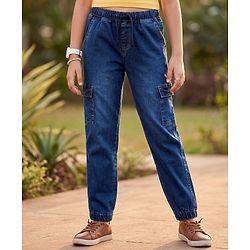 Pine Kids Cotton Elastane Woven Full Length Solid Denim Jeans With Cargo Pockets - Navy Blue