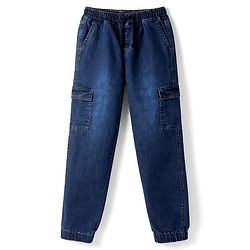 Pine Kids Cotton Elastane Woven Full Length Solid Denim Jeans With Cargo Pockets - Navy Blue