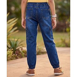 Pine Kids Cotton Elastane Woven Full Length Solid Denim Jeans With Cargo Pockets - Navy Blue