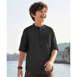 Pine Kids Cotton Woven Full Sleeves Solid Colour Kurta Style Shirt - Black