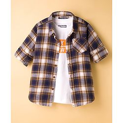Pine Kids Cotton Woven Full Sleeves Checks Shirt With Printed Inner Tee - Multicolor