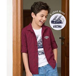 Pine Kids 100% Cotton Woven Full Sleeves Checks Shirt & Tank T-Shirt With Racing Car Print - Red