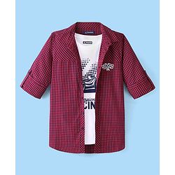 Pine Kids 100% Cotton Woven Full Sleeves Checks Shirt & Tank T-Shirt With Racing Car Print - Red