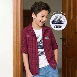 Pine Kids 100% Cotton Woven Full Sleeves Checks Shirt & Tank T-Shirt With Racing Car Print - Red