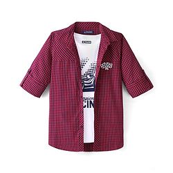 Pine Kids 100% Cotton Woven Full Sleeves Checks Shirt & Tank T-Shirt With Racing Car Print - Red