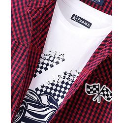 Pine Kids 100% Cotton Woven Full Sleeves Checks Shirt & Tank T-Shirt With Racing Car Print - Red