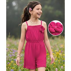 Pine Kids Viscose Cotton Woven Sleeveless Solid Colour Jumpsuit with Floral Applique - Fuschia