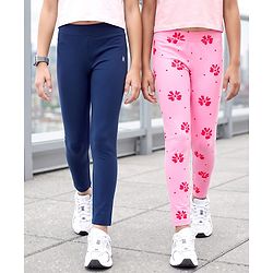 Pine Kids Cotton Lycra Knit Full Length Floral Printed Leggings With Stretch Pack Of 2 - Navy Blue & Pink