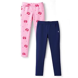 Pine Kids Cotton Lycra Knit Full Length Floral Printed Leggings With Stretch Pack Of 2 - Navy Blue & Pink