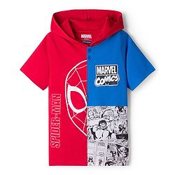 Pine Kids Marvel Terry Knit Half Sleeves Cut and Sew Hooded T-Shirt With Spider-Man Graphics - Multicolor