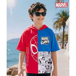 Pine Kids Marvel Terry Knit Half Sleeves Cut and Sew Hooded T-Shirt With Spider-Man Graphics - Multicolor