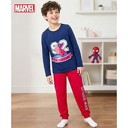Pine Kids Marvel Single Jersey Knit Full Sleeves T-Shirt & Lounge Pant Night Suit With Spider Man Print - Navy Blue & Red