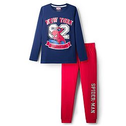 Pine Kids Marvel Single Jersey Knit Full Sleeves T-Shirt & Lounge Pant Night Suit With Spider Man Print - Navy Blue & Red