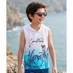 Pine Kids Cotton Knit Sleeveless Hooded T-Shirt with Beach Theme Print - White