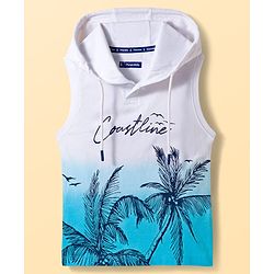 Pine Kids Cotton Knit Sleeveless Hooded T-Shirt with Beach Theme Print - White