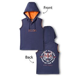 Pine Kids 100% Cotton Knit Half Sleeves Tiger Printed Hooded T-Shirt - Navy Blue