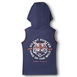 Pine Kids 100% Cotton Knit Half Sleeves Tiger Printed Hooded T-Shirt - Navy Blue