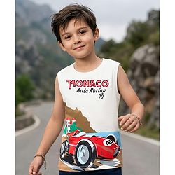 Pine Kids Cotton Knit Sleeveless Text & Racing Theme Printed T-Shirt - White