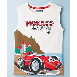 Pine Kids Cotton Knit Sleeveless Text & Racing Theme Printed T-Shirt - White