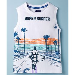Pine Kids Cotton Knit Sleeveless Tank T-Shirt with Super Surfer Print - White