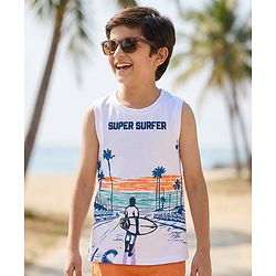 Pine Kids Cotton Knit Sleeveless Tank T-Shirt with Super Surfer Print - White