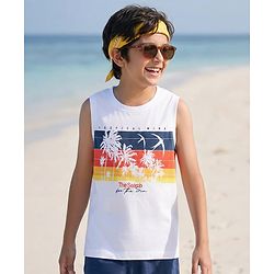 Pine Kids Cotton Knit Sleeveless Tank T-Shirt with Tropical Theme Print - White