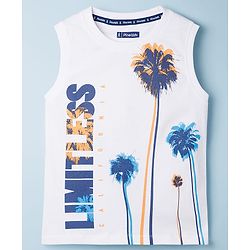 Pine Kids Cotton Knit Sleeveless Text & Tree Printed T-Shirt - Snow White