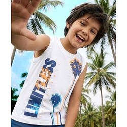 Pine Kids Cotton Knit Sleeveless Text & Tree Printed T-Shirt - Snow White