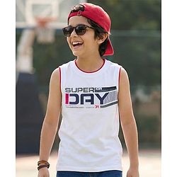 Pine Kids Cotton Knit Sleeveless Tank T-Shirt with Super Day Print - White