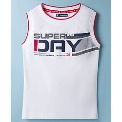 Pine Kids Cotton Knit Sleeveless Tank T-Shirt with Super Day Print - White