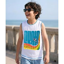Pine Kids Cotton Knit Sleeveless Tank T-Shirt with Surfer Print - White