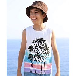 Pine Kids Cotton Knit Sleeveless T-Shirt With Beach Theme Print - White