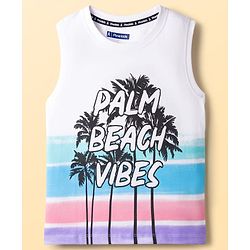 Pine Kids Cotton Knit Sleeveless T-Shirt With Beach Theme Print - White
